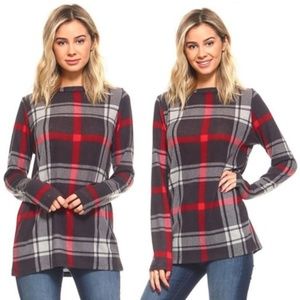 Crewneck L/S Plaid Top - Gray & Red